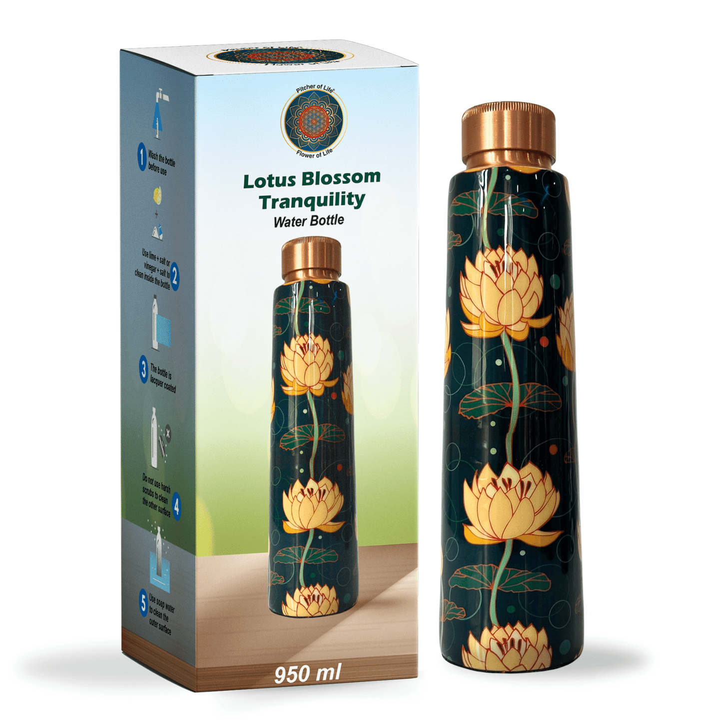 950mL Copper Bottle - White Lotus Flowers Design