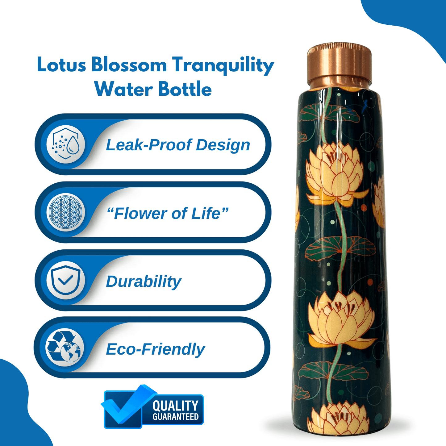 950mL Copper Bottle - White Lotus Flowers Design